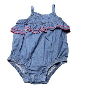 Cat & Jack Baby Girl Size 3-6 Month Romper Denim Blue Pink Ruffles New With Tags